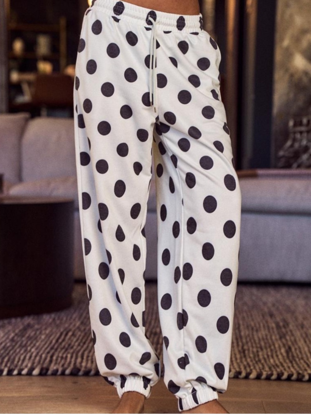 L1-–⚪️⚫️ (SHIPPED) Women's Polka Dot Drawstring Joggers - White with Black Dots
